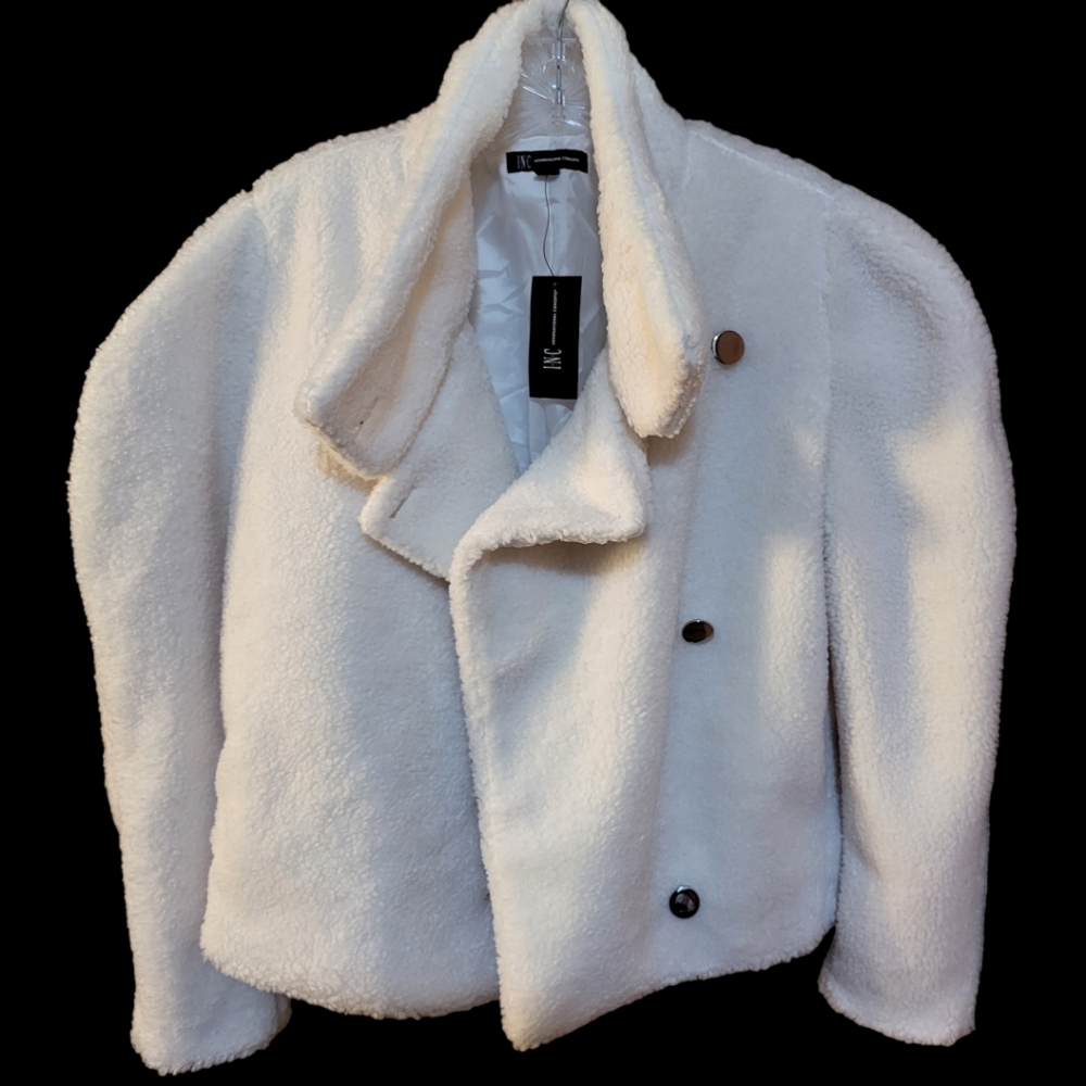 INC cropped puff sleeve Sherpa washed white coat NWT sizes M,L & XL available - Picture 2 of 4